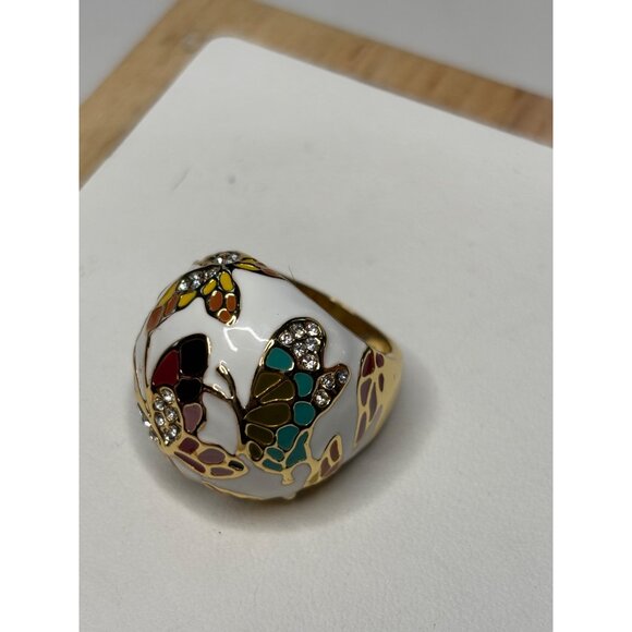 White & Gold Enamel Butterfly Statement Ring With Rhinestone Accents Size 7 KI - Picture 7 of 11